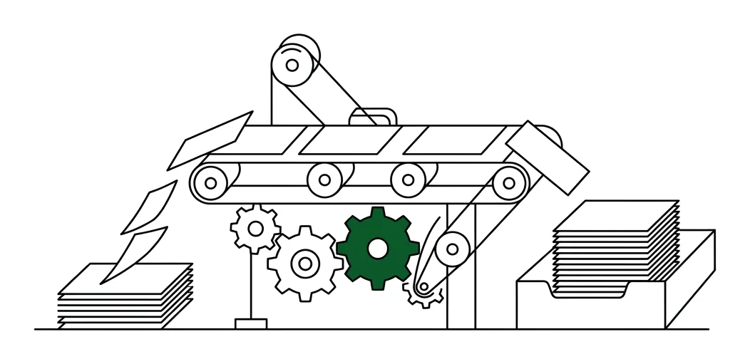 Line drawing: a small machine of gears sorting papers into one neat pile, with one green gear.