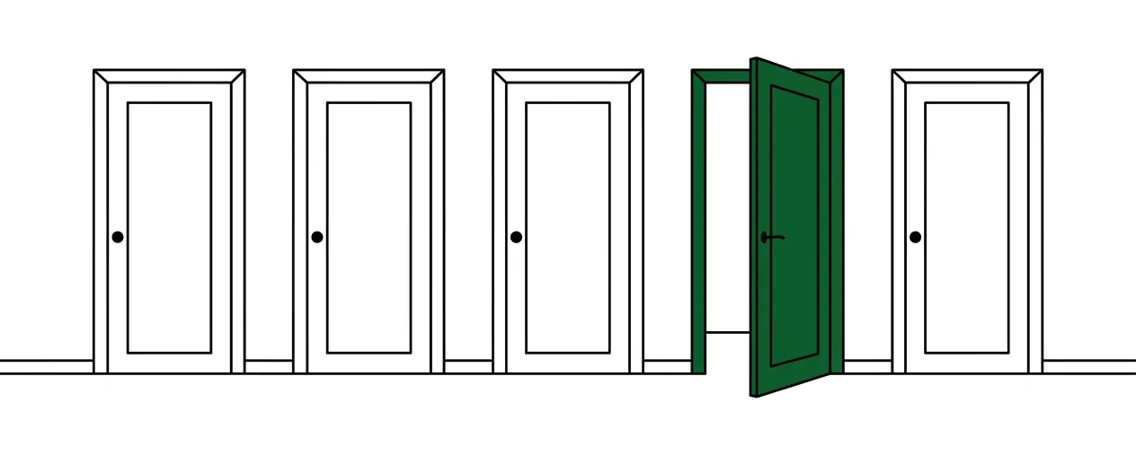 Line drawing: a row of five doors, one green door standing open.